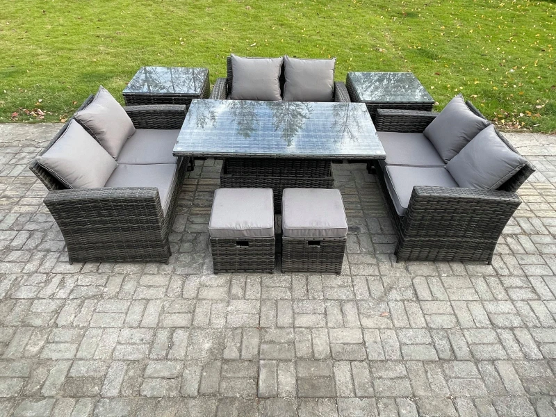 Image of Fimous Wicker Pe Rattan Garden Furniture Set Height Adjustable Rising Lifting Table Sofa Dining Set With 2 Seater Sofa Sofa