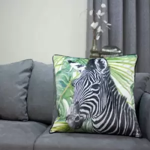 Image of Paoletti - Zebra Jungle Print Faux Velvet Piped Cushion Cover, Green, 50 x 50 Cm