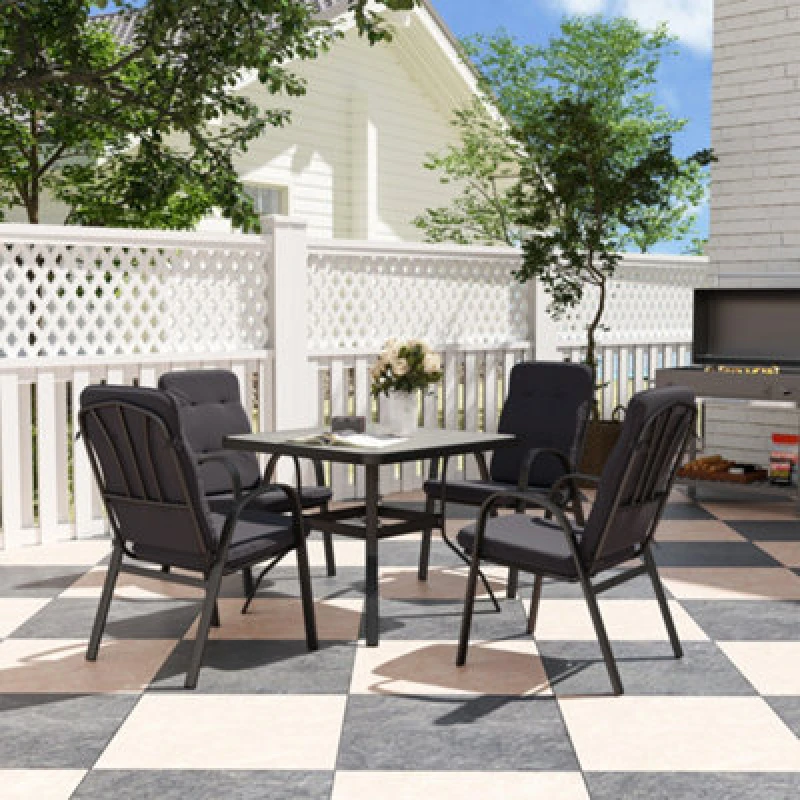 Image of Outsunny Garden Dining Set, Glass Table w/ Umbrella Hole Black 84G-126V01BK