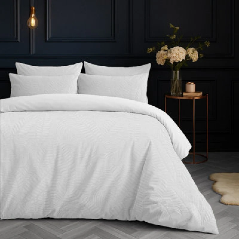 Image of Velosso White Savannah Embossed Leaf Pattern Duvet Cover And Pillowcase Set Single