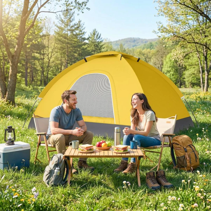 Image of OUTSUNNY 2 Person Camping Tent, Dome Tent with Storage Pocket in Yellow Yellow Unisex