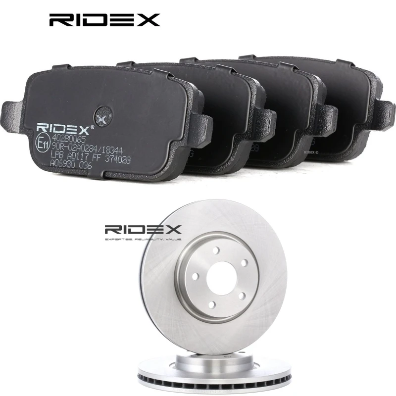Image of RIDEX 3405B1447 Brake disc and pads set Rear Axle, Brake Disc Type: internally vented, not prepared for wear warning indicator Brake Set,disc brakes