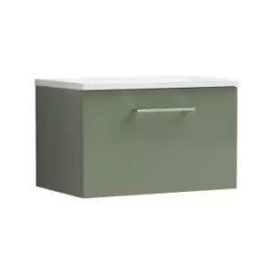 image of Nuie Arno Satin Green 600mm Wall Hung Single Drawer Vanity Unit with Sparkling White Laminate Worktop - ARN822LSW - Satin Green