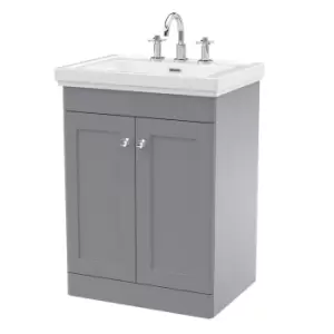 image of Nuie Classique 600mm Floor Standing 2-door Unit & Basin 3 Tap Holes - Satin Grey