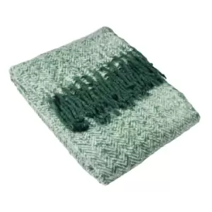 Image of Furn. Weaver Throw Herringbone Design Fringed Edges Acrylic Green