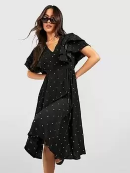 Image of Boohoo Polka Dot Ruffle Midi Dress - Black, Size 12, Women