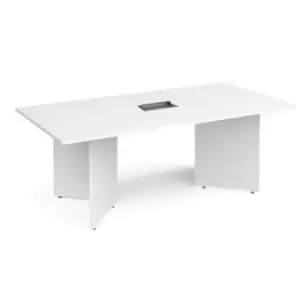 image of Arrow head leg rectangular boardroom table 2000mm x 1000mm in white with central cutout and Aero power module