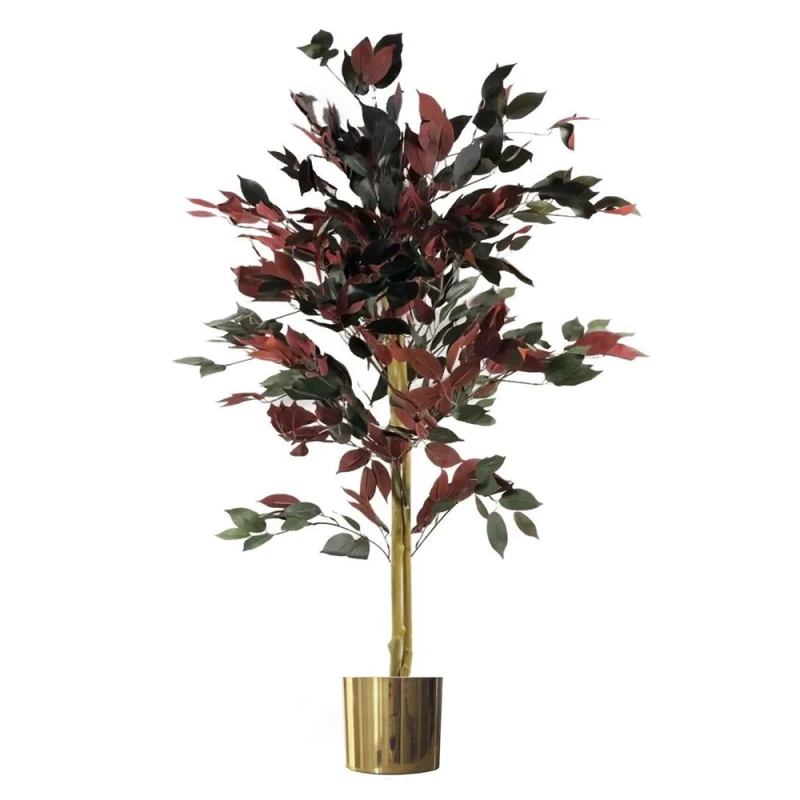 Image of Leaf Design 120cm (4ft) Artificial Red Ficus Tree With Gold Metal Planter