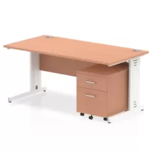 image of Impulse 1600 x 800mm Straight Office Desk Beech Top White Cable Managed Leg Workstation 2 Drawer Mobile Pedestal