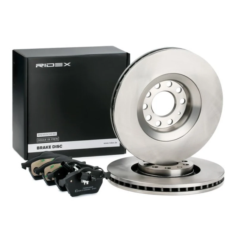 Image of RIDEX 3405B0392 Brake disc and pads set Front Axle, Brake Disc Type: Vented, incl. wear warning contact Brake Set,disc brakes (3405)