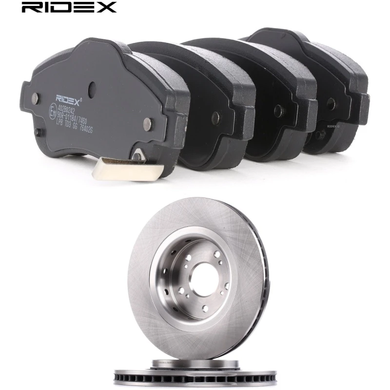 Image of RIDEX 3405B2998 Brake disc and pads set Front Axle, Brake Disc Type: Externally Vented, with acoustic wear warning Brake Set,disc brakes (3405)