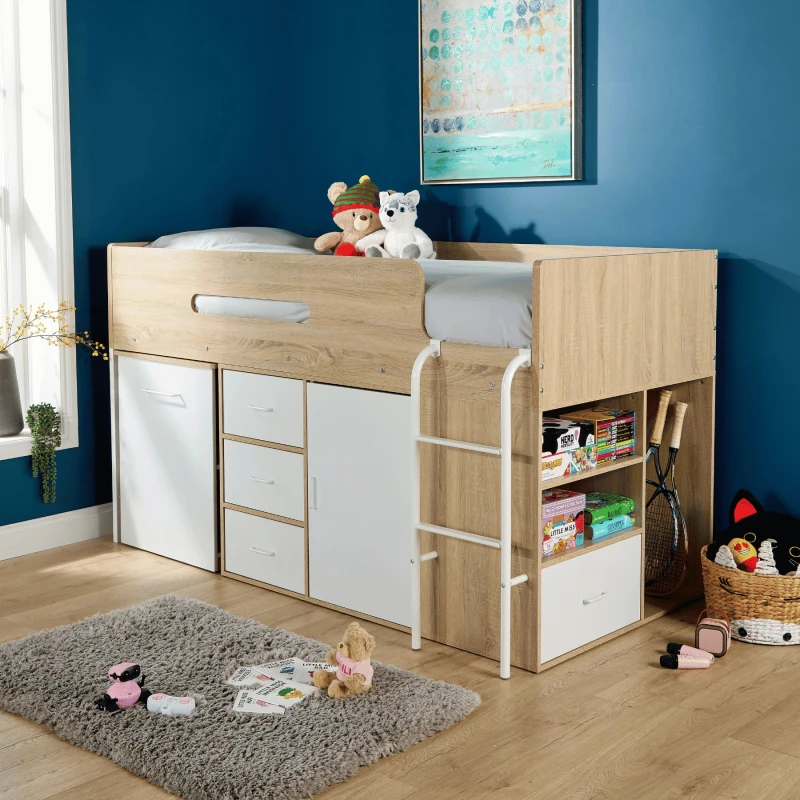 Image of Home Source Kids Single Cabin Loft Bed Integrated Storage Hidden Desk Wooden in White White Unisex Single