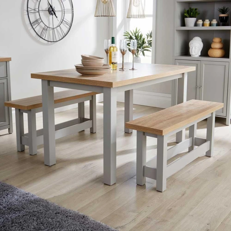 Image of Home Source Avon Dining Table and Bench Set Light Grey