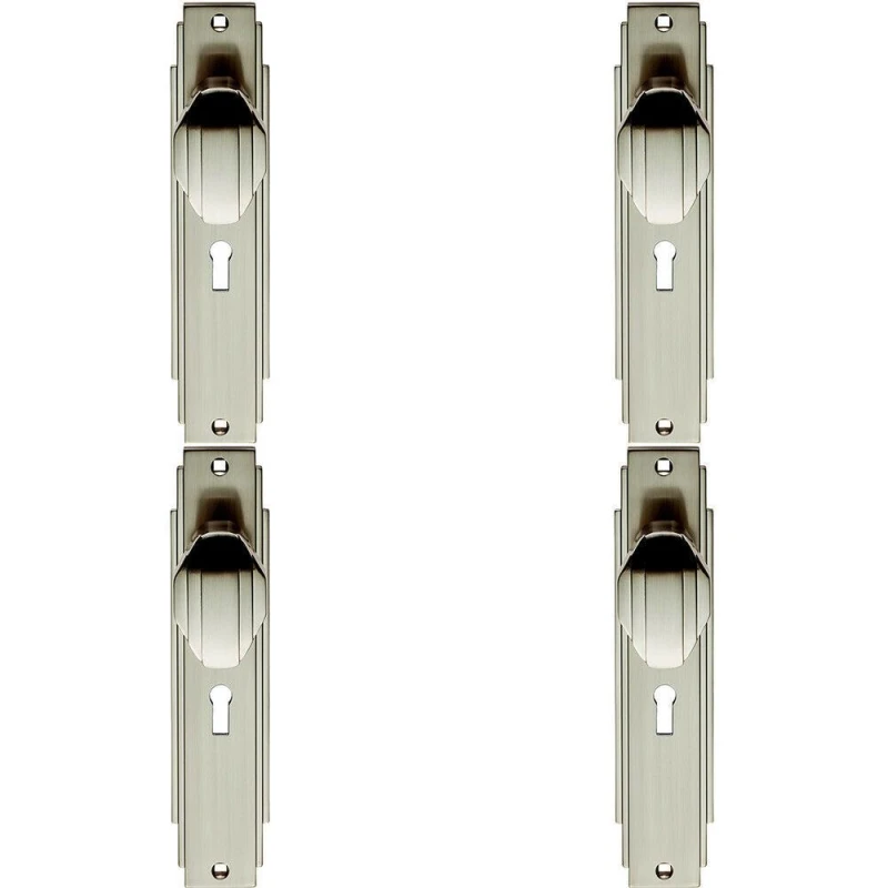 Image of Loops 4x PAIR Line Detailed Door Knob on Lock Backplate 205 x 45mm Satin Nickel Metallics