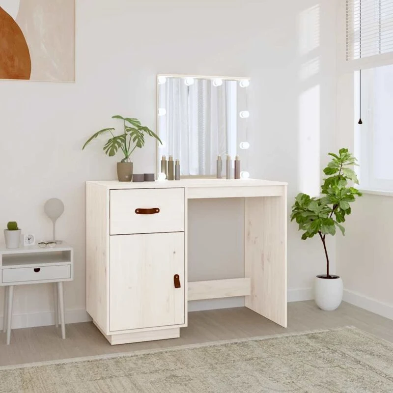Image of vidaXL Dressing Table with LED White 95x50x133.5cm Solid Wood Pine, White 820093