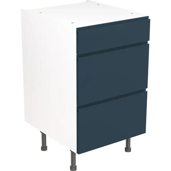 Image of Kitchen Kit Ready Made J-Pull Kitchen Cabinet Base 3 Drawer Unit Ultra Matt 500mm in Indigo Blue