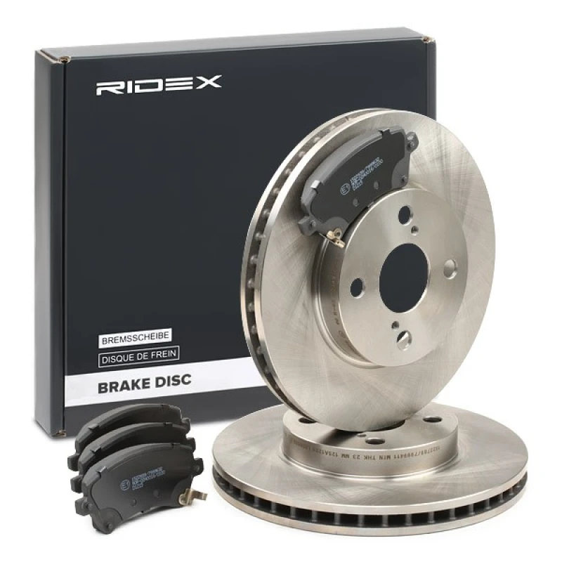 Image of RIDEX 3405B1025 Brake disc and pads set Front Axle, Brake Disc Type: internally vented, with acoustic wear warning Brake Set,disc brakes (3405)