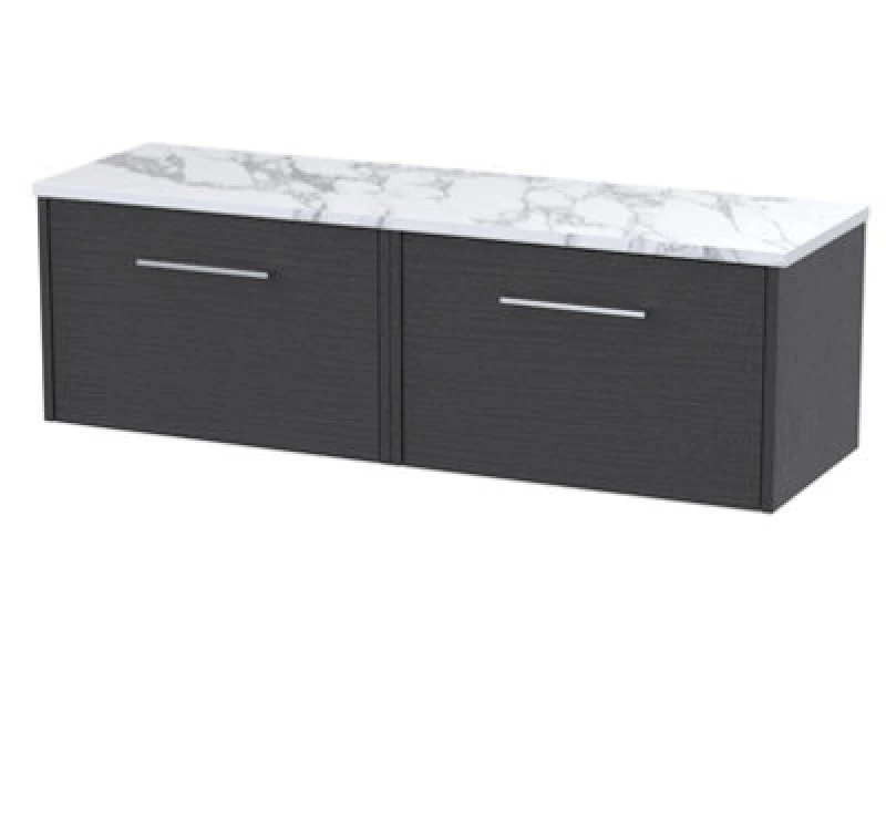 Image of Nuie Hudson Reed Juno Wall Hung 2-Drawer Vanity & Carrera Marble Worktop, Countertop Basin Unit In Graphite Grey Woodgrain, 1200mm