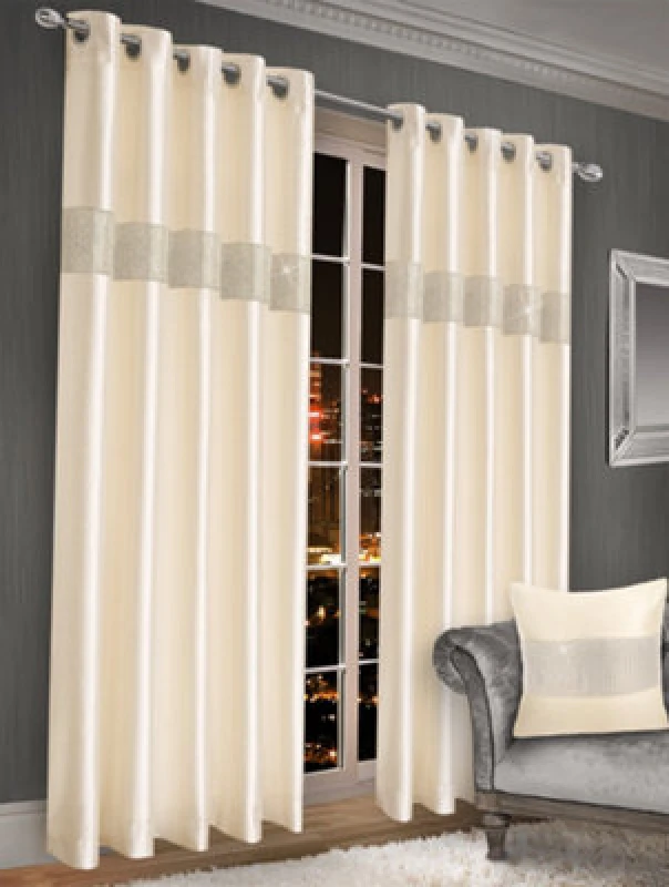 Image of Intimates Elegant Faux Silk Curtains With Diamante Panel, Ring Top Style, Machine Cold Washable, Chic Window Coverings - Cream