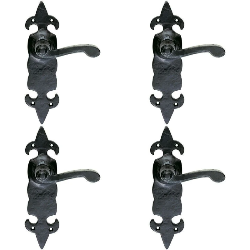 Image of Loops 4x PAIR Forged Scroll Lever Handle on Latch Backplate 206 x 57mm Black Antique Black