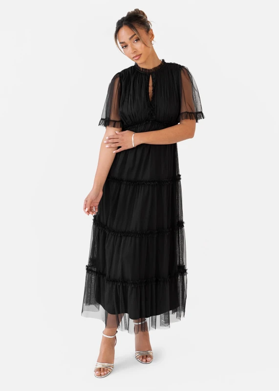 Image of Anaya with Love Womens Short Sleeve Frill Midaxi Dress in Black Size: 10 Black Female 10