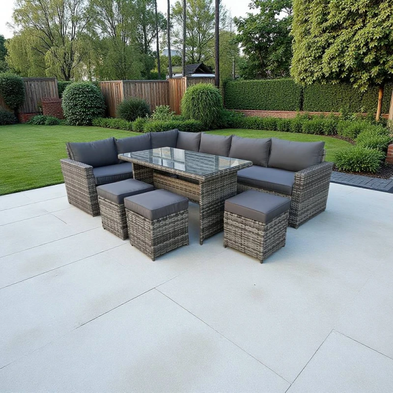 Image of Outdoor Living The Tarporley Grey 9 Seat Corner Rattan Dining Set - Fixed Table Grey Unisex