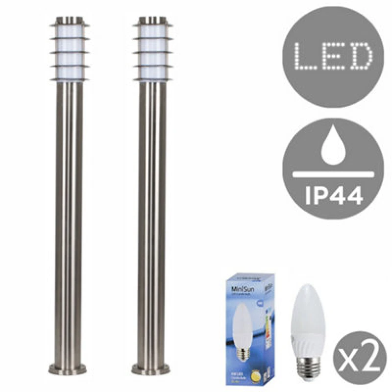 Image of Valuelights Wharf Pair Of - Modern Outdoor Stainless Steel Bollard Lantern Light Posts - 1 Metre - LED Candle Bulbs 3000K