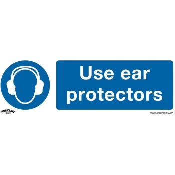 image of SS10V10 Mandatory Safety Sign - Use Ear Protectors - Self-Adhesive Vinyl - Pack of 10 - Sealey