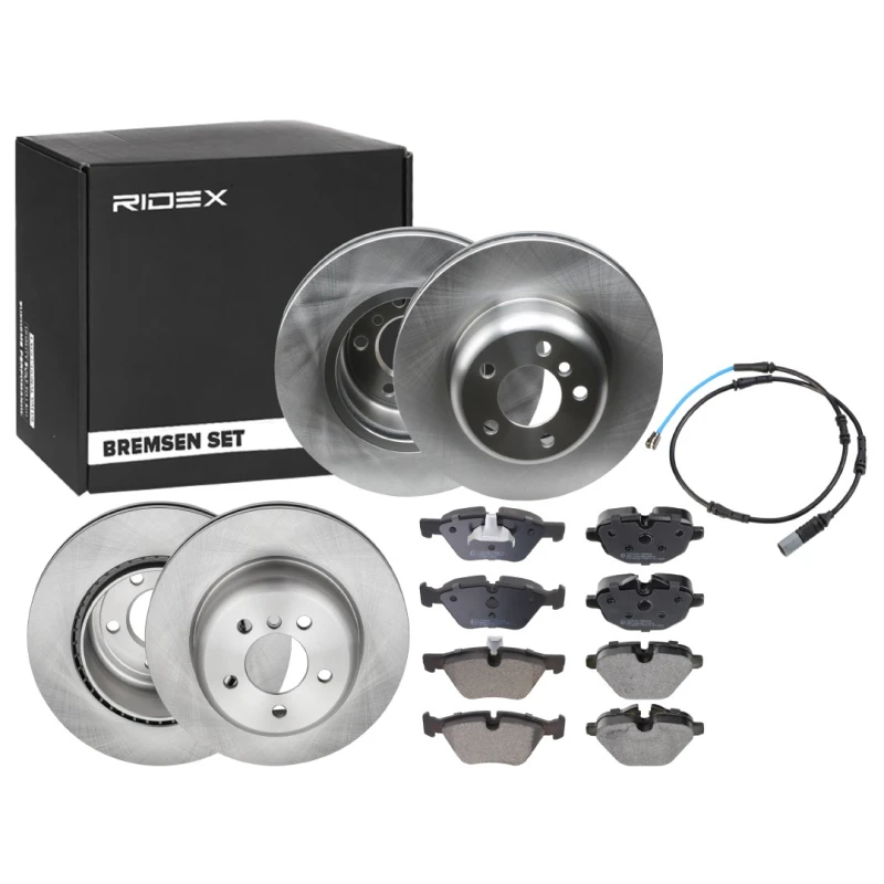 Image of RIDEX 3405B1706 Brake disc and pads set Front Axle, Brake Disc Type: internally vented, incl. wear warning contact, with piston clip Brake Set,disc b