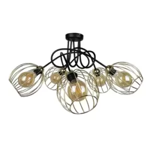 image of Mig Multi Arm Semi Flush Ceiling Light Black, Gold, 70cm, 5x E27