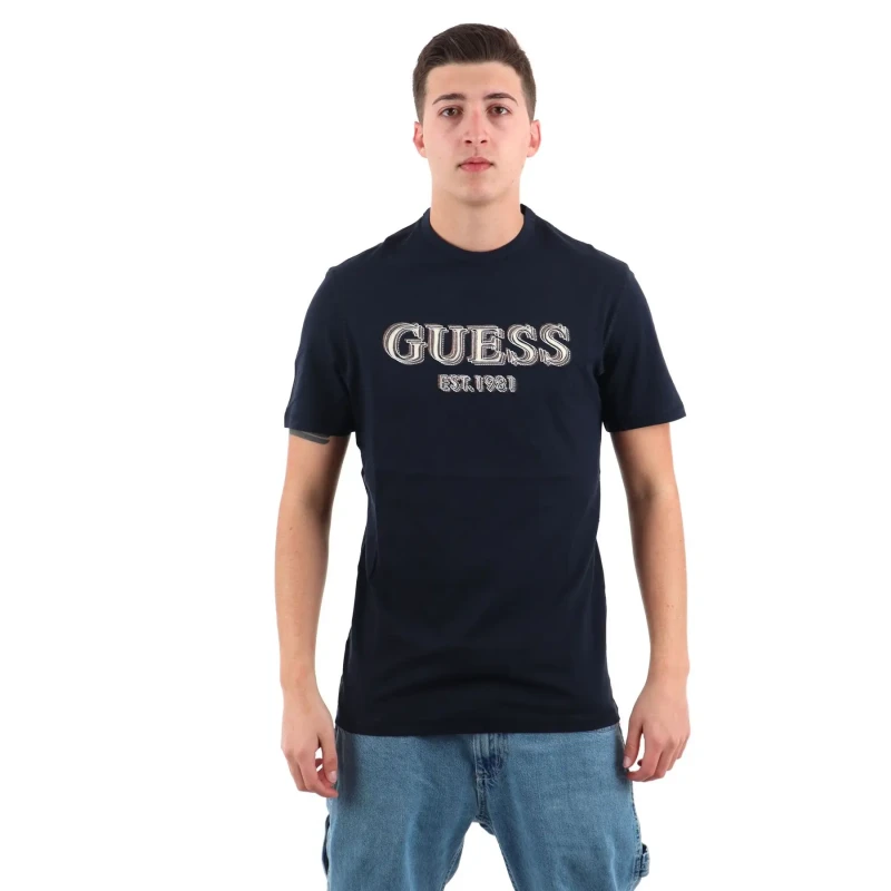 Image of Guess Round Neck T-Shirt with Logo Guess Bleu Male XS