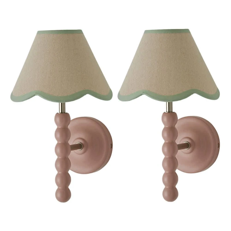 Image of ValueLights Bobbins Pair of Pink Wall Lights with Linen Trim Lamp Shades & Bulbs in Pale Green Pale Green Unisex