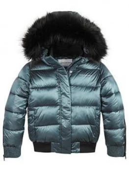 Image of Calvin Klein Jeans Girls Shadow Metallic Faux Fur Hooded Jacket - Gem Blue, Gem Blue, Size 8 Years, Women
