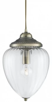 Image of 1 Light Pendant Antique Brass Ribbed Glass Shade, E27