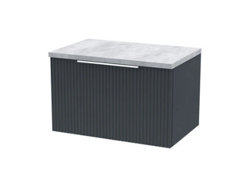 Image of Hudson Reed Fluted Wall Hung 1-Drawer Vanity Unit & Bellato Grey Laminate Worktop, Counter Top Vanity Unit In Soft Black, 600mm