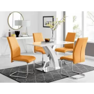 Image of Furniturebox UK - Atlanta White High Gloss And Chrome Metal Rectangle Dining Table And 4 Mustard Lorenzo Dining Chairs Set - Mustard Yellow