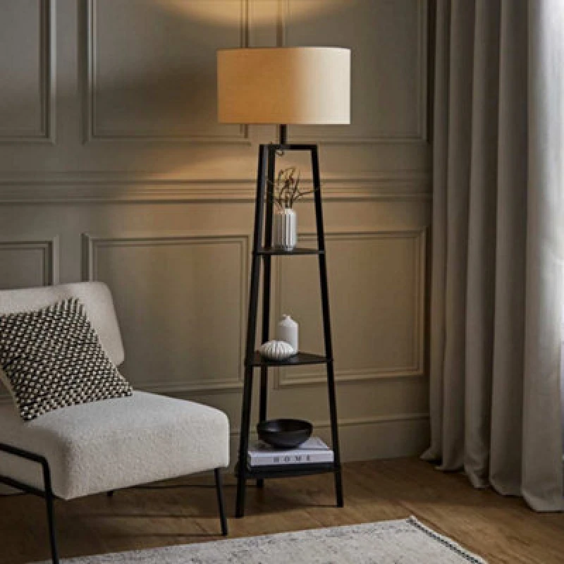 Image of ValueLights Hiru Black 3 Tier Wooden Shelf Floor Lamp With Large Natural Shade Silver