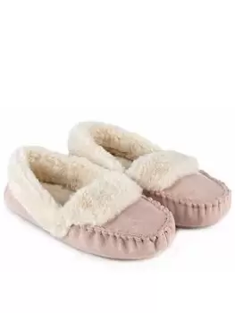 image of TOTES Suedette Moccasin Slippers - Stone, Size 5-6, Women