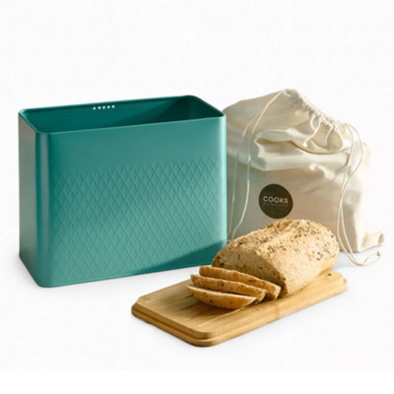 Image of Cooks Professional Diamond Pattern Bread Bin With Linen Bag & Bamboo Cutting Board Lid - Teal