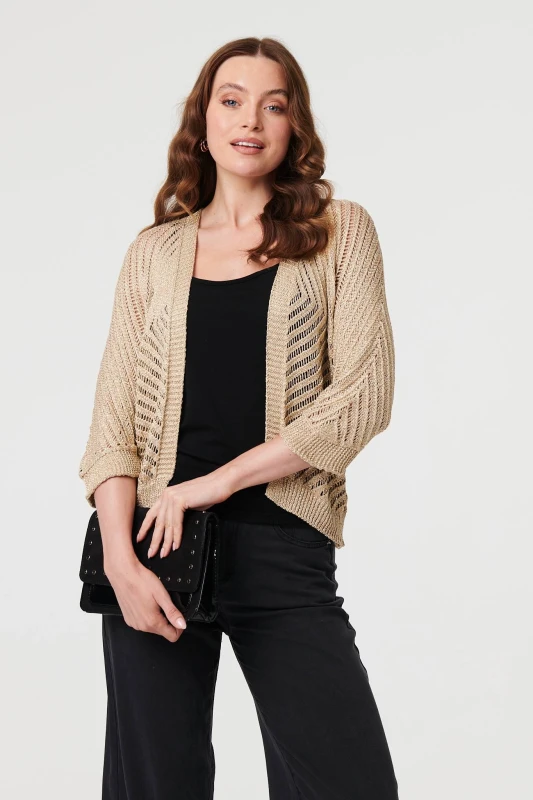 Image of Izabel London Womens Chevron Texture Mesh 1/2 Sleeve Cardigan in Metallic Silver Size: Small Metallic Silver Female S