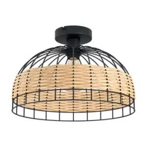 Eglo Rattan And Black Steel Flush Ceiling