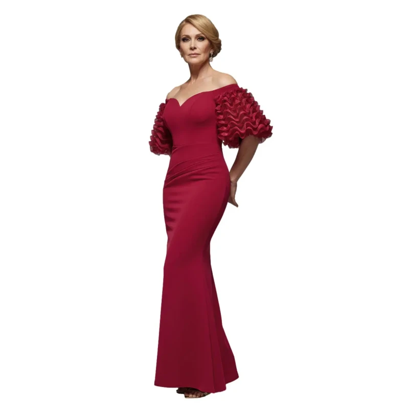 Image of Goddiva Womens Off The Shoulder 3D Puffed Sleeve Sweetheart Maxi Dress in Burgundy Size: 10 Burgundy Female 10
