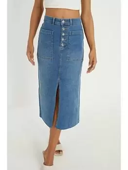 Image of Dorothy Perkins Button Down Midaxi Skirt - Mid Wash, Blue, Size 12, Women
