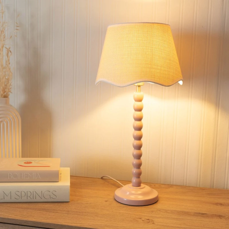 Image of ValueLights ValueLights Bobbins Painted Rose Table Lamp with Linen Scallop White Trim Shade and LED Bulb in Pale Pink Pale Pink One Size Unisex 505940