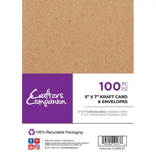 image of Crafter's Companion 5" x 7" Card Blanks & Envelopes Kraft 250 GSM Pack of 50