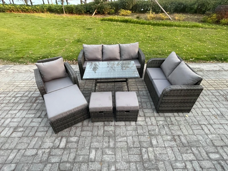 Image of Fimous 9 Seater Outdoor Rattan Garden Furniture Set Patio Lounge Sofa Set with Dining Table 3 Footstools Dark Grey Mixed Dark Grey