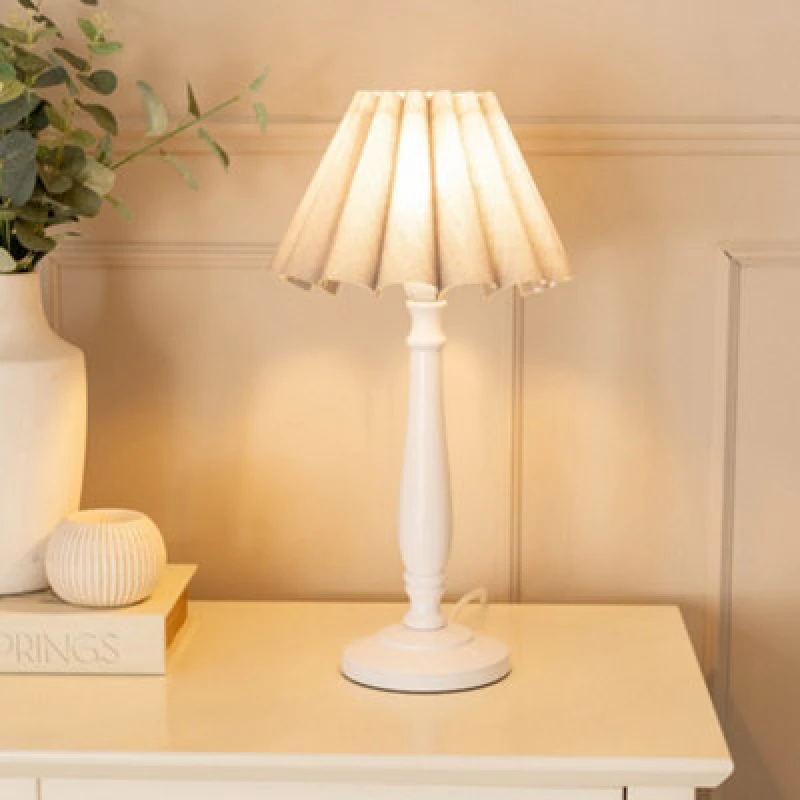 Image of ValueLights Victoria White Wood Candlestick Stem Table Lamp with Scallop Tapered Lamp Shade Grey