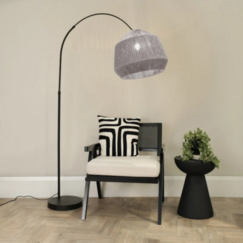 Image of ValueLights Louis Black Arched Curved Floor Lamp with Rope Dome Lamp Shade Grey