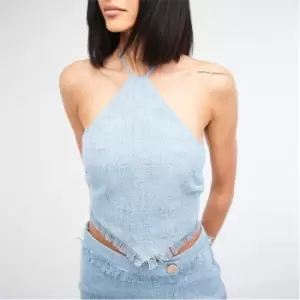 image of Missguided Co Ord Halterneck Boucle Crop Top - Blue