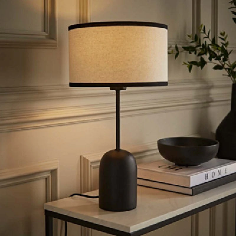 Image of ValueLights ValueLights Kaiden Black Dome Table Lamp with Trim Detail Linen Drum Shade Black One Size Unisex 5059406068232